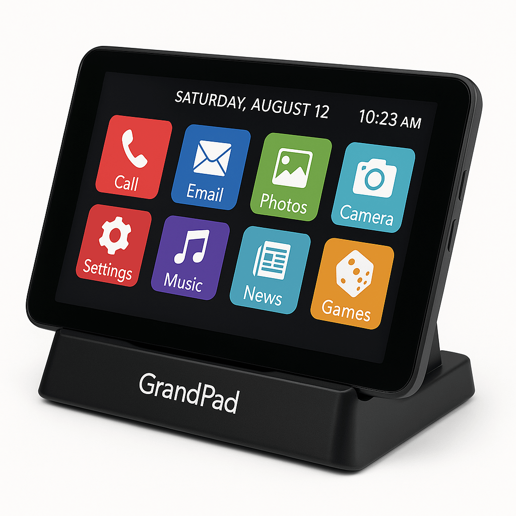 Angled view of the GrandPad tablet showcasing its user-friendly interface with large icons.