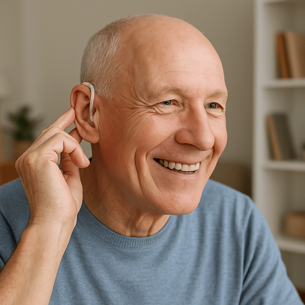 Elderly man adjusting hearing aid in living room