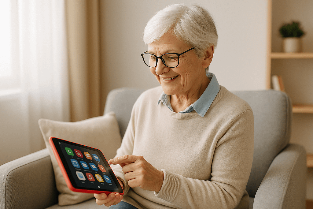 Senior woman smiling during a video call on the GrandPad tablet in a bright living room.