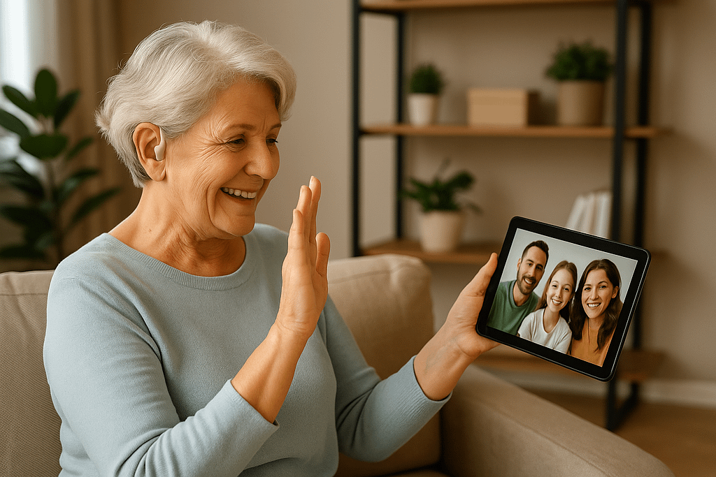 Senior woman using Bluetooth hearing aids to video call her family on a tablet