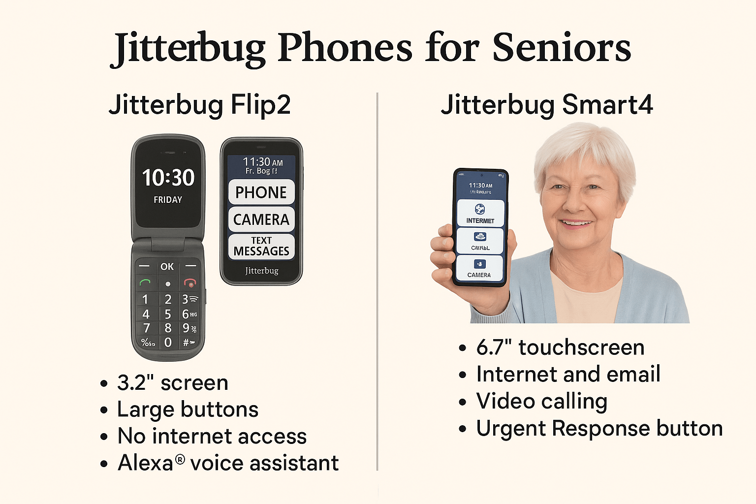 Comparison chart of the Jitterbug Flip2 and Smart4 for seniors, showing key differences in features like screen size, internet access, and user-friendly design