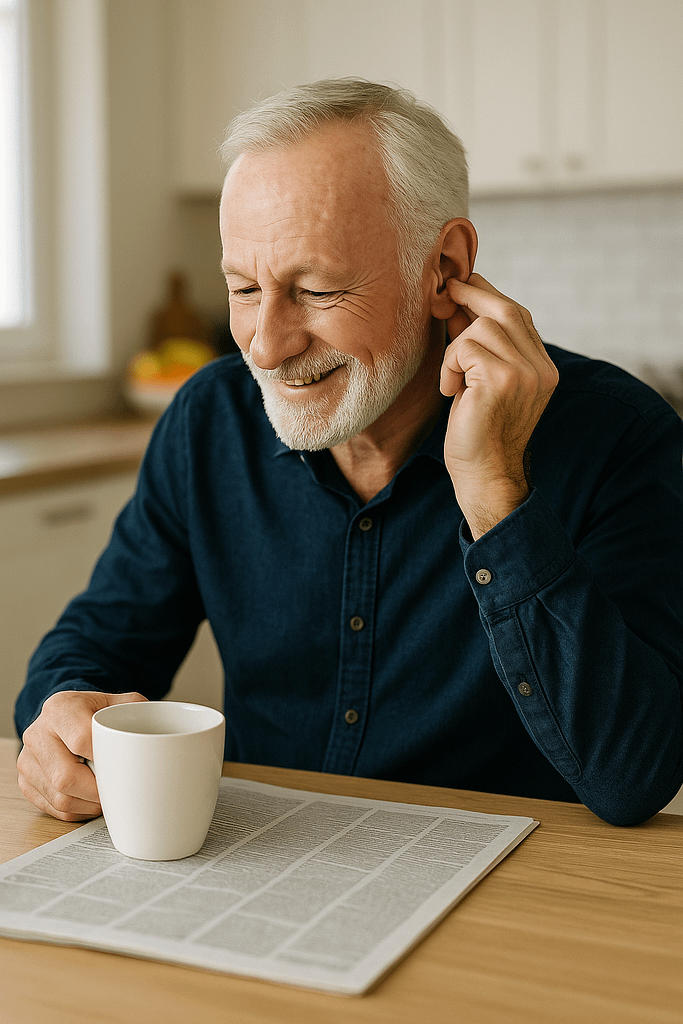 Senior man adjusting his hearing aid while enjoying coffee at home